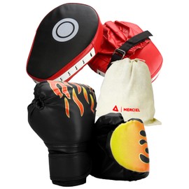MERCIEL Parent-Child Boxing Gloves Set for Kids and Adults with Mitts and Storage Bag, 3 Colors Black