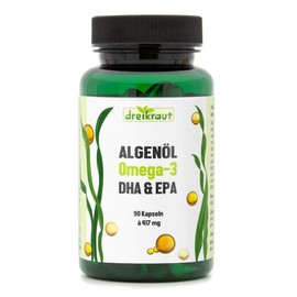 Algae Oil Omega-3, dreikraut DHA & EPA, 90 Vegan Capsules, Monthly Pack, 1251 mg per Day, Made in Germany