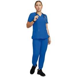 STAT MEDICAL WEAR Women Scrub Set, V-Neck Top with 3 Pockets and Drawstring Jogger Pant with 5 Pockets - 100210, XL, Royal Blue