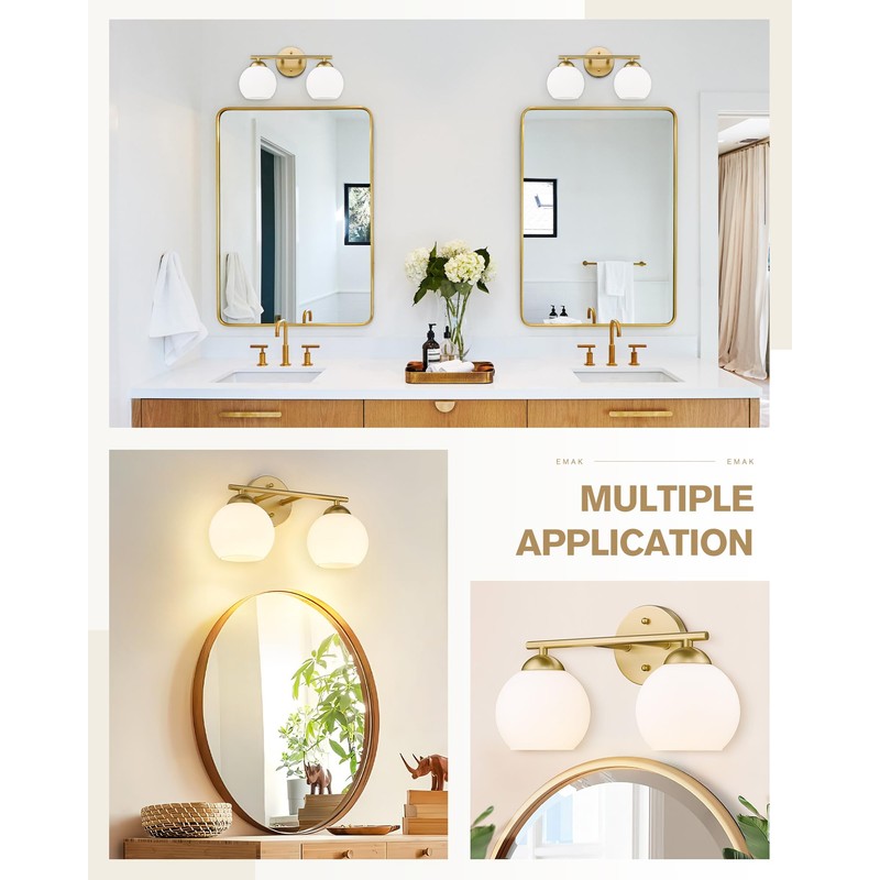 Emak 2-Light Gold Bathroom Light Fixtures, Modern Globe Vanity Lights