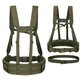JFFCESTORE Military Waist Belt Multi-Purpose Molle Padded Patrol Belt with H Harness Suspenders Outdoor Sports Equipment (Green)