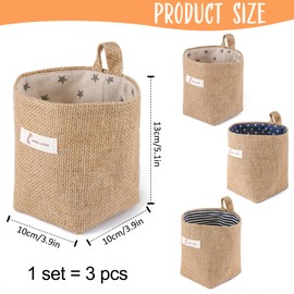 3 PCS Mini Hanging Storage Bag Cotton Linen Small Storage Basket Wall Hanging Storage Pouch Foldable Storage Box Family Organizer Decorative Bag for Key Sunglasses Snack Wallet on Door Closet Desktop