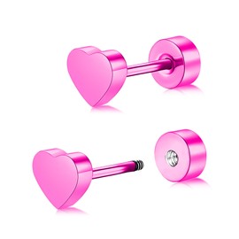 BLISI Titanium Heart Earrings 20G Hypoallergenic Pink Heart Studs for Sensitive Ears Screw on Flat Back Nap Earrings, Cute Classic Jewelry Present for Women & Men