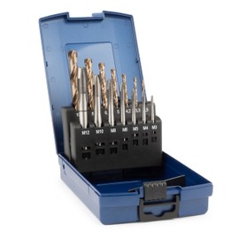 GSR HSSE Machine Tap Set Silver 14 Pieces + HSSE Core Hole Spiral Drill Bit DIN 2184-1 (DIN 371/376), Form B, Metric Thread M3-M12, in Sturdy Cassette