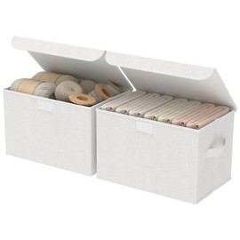 GUOHNHE Storage Box with Lid, Foldable Boxes Storage, Wardrobe Organiser with 2 Fabric Handles, for Bedroom, Clothes Storage, Pack of 2, White, 26 x 20 x 17 cm, XSNY12WS-2