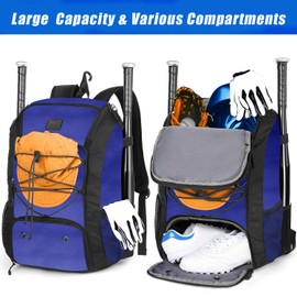 MATEIN Baseball Bat Bag, Lightweight Softball Bag with Shoes Compartment for Men Women, Baseball Catchers Bags Gifts for Adults with Fence Hook Fits 2 Bats, Batting Mitten, Helmet, Tball Gear, Blue