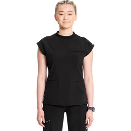 Cherokee Infinity Womens Mock Neck Scrub Top, 4 Pockets, Dolman Sleeves, Rib-Knit Back Panel Stylish Medical Top - CK742A, S, Black