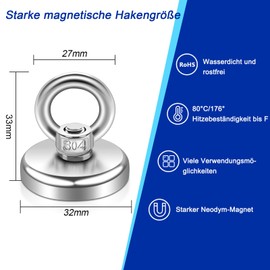 Pack of 8 Neodymium Magnets Extra Strong Large Magnetic Fishing 45 kg, 32 mm Magnets Strong, Magnetic Fishing with Lifting Rings and Screws, Strong Fishing Magnet with Hole for Camping Industry