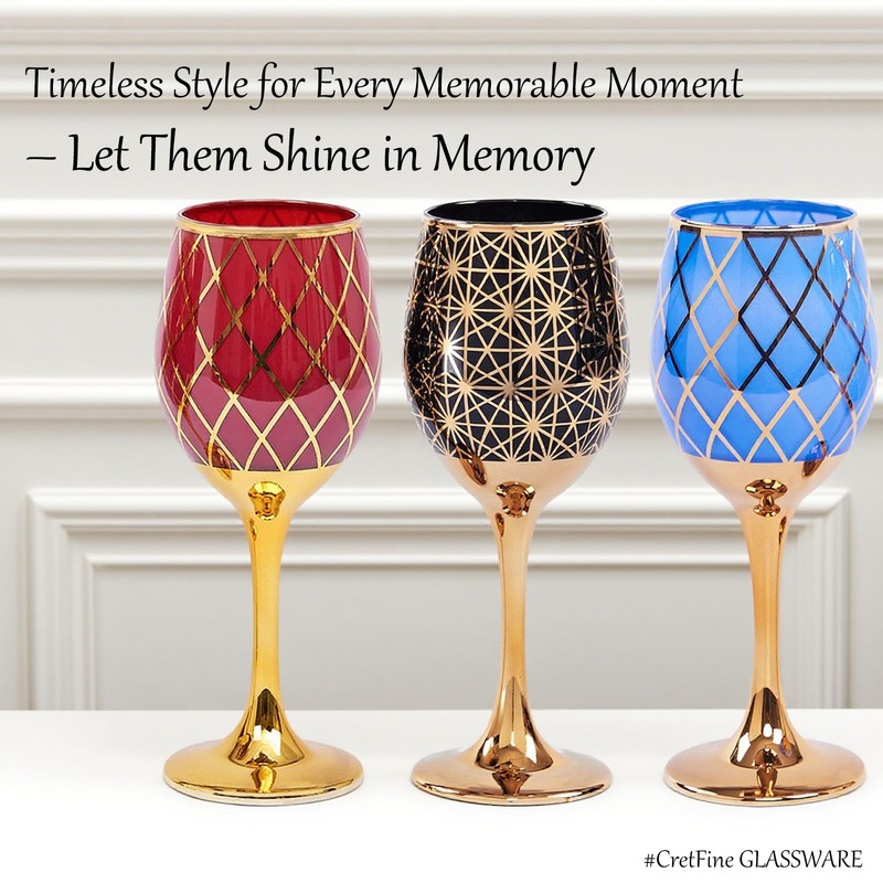 CretFine Blue and Gold Gold Wine Glasses Set of 2,