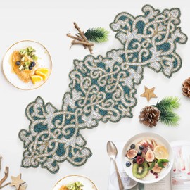 Hand Made Beaded Table Runner 13x36 Inch in Teal Gold Silver Combo, produced by skilled village Artisans in India - A Beautiful Complements to Dinner Table Decor Offered by Linen Clubs
