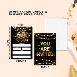 Qinkel 60th Birthday Invitations, Birthday Party Invitations For Women Men, 60 Year Old Birthday Invites, Black Gold Birthday Party Decorations Favors, 20 Invitations with 20 Envelopes - C04