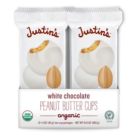 Justin's Organic White Chocolate Peanut Butter Cups, Rainforest Alliance Certified Cocoa, Gluten-free, Responsibly Sourced, 12 Packs of 2-Cups each