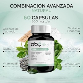 OBY Calm Glicinato de Magnesio 60 capsulas 500 mg. Enriquecidas con GABA, Vitamina B1, L-Theanina, Óxido de Magnesio y Lemon Balm | Suplemento Natural