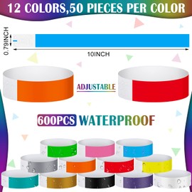 600 Counts Paper Wristbands Neon Wrist Bands Waterproof Hand Bands for Events Lightweight Concert Wristbands Neon Colored Adhesive Wristbands for Party (Assorted Color)