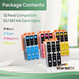 12 x 551XL Printer Cartridges Compatible with Canon CLI-551 Black CLI-551 Cyan 551 Magenta 551 Yellow for Pixma iP7200 iP7250 MX925 iP8750 MX725 MG5550 MG5650 MG6350 MG6450 MG7550
