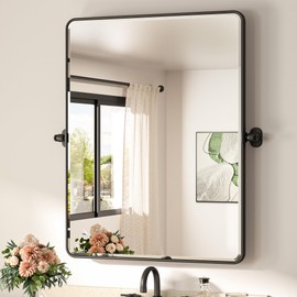 TETOTE Pivot Mirror for Bathroom 28 x 36 Matte Black Tilt Rectangle Metal Framed Vanity Mirror, Modern Farmhouse Adjustable Tilting Beveled Rounded Corner Rectangular Wall Mirror, Horizontal/Vertical