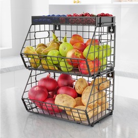 CHLORYARD 3-Tier Stackable Fruit Basket Kitchen Potato Onion Storage with Wire Bakset Top, Wall-mounted & Countertop Tiered Pantry Organizer for Snack, Fruit and Vegeatble Storage