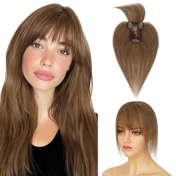 SLEEKALON Human Hair Topper with Bangs for Women, 360° Cover