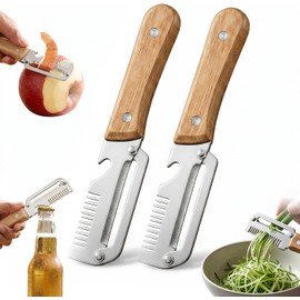 Pelador de Verduras 3‑en‑1 con Mango de Madera – Cuchilla Ancha de Acero, Picadora de Cebollín y Abrelatas