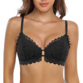 SHEKINI Women's Lace Bra without Underwire for Women Removable Padded Elegant Soft Bra, black