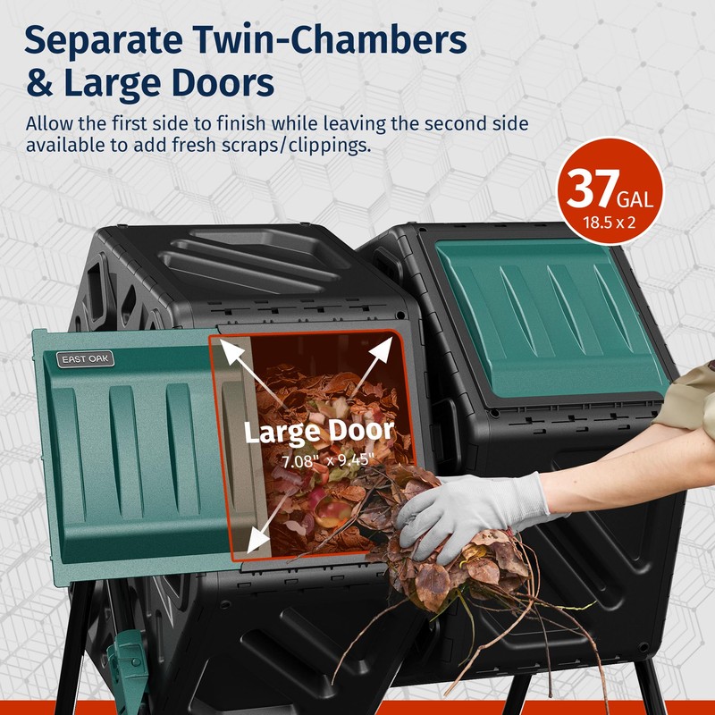 EAST OAK Dual Chamber Outdoor Compost Tumbler, 2 × 18.5