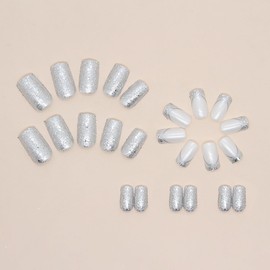 Silver French Press on Nails - Medium Length Glitter Powder Sequins Design False Nails - Square, Artificial Acrylic - Full Cover Glossy Reusable Coffin Nails - Glue on Nails for Women