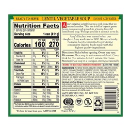 Amy’s Soup, Vegan Lentil Vegetable Soup, Gluten Free, Made With Organic Vegetables, Canned Soup, 14.5 Oz (12 Pack)