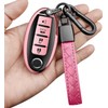 Sindeda Compatible with Nissan Key Fob Cover with Leather Keychain,Soft TPU Key Shell case Fit for Altima Sentra Maxima Rogue Armada Pathfinder Infiniti Smart Remote Key (Pink, 4 Buttons)