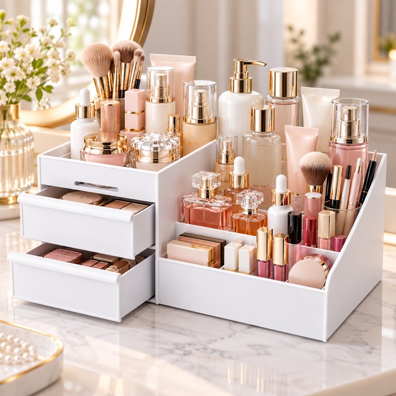 9-Grid Makeup Organizer for Vanity Storage – White Plastic Drawers