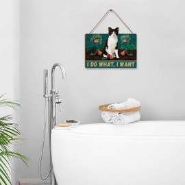 KAIRNE Funny Black Cat Sign,Black Cat Quotes Hanging Sign,Cat Bathroom Wall Decor I Do What I Want,Bathroom Hanging Sign,Gifts for Cat Lovers,Plants Pet Kitty Kitten Wood Plaque Toilet Home Decor