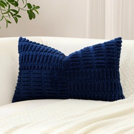 OTOSTAR Set of 1 Decorative Throw Pillow Cover Soft Corduroy Solid Lumbar Pillow Case Boho Striped Cross Patchwork Textured Farmhouse Cushion Cover for Sofa Car Bed Living Room 16x24 Inch, Navy Blue