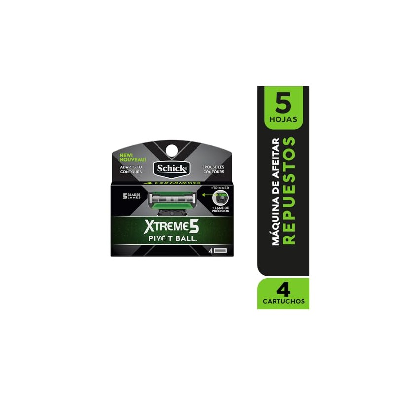 Schick, Cartuchos para Rastrillos Xtreme 5 Pivot Ball, 4 Unidades