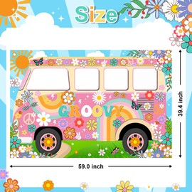 Lecheme Hippie Party Decorations Groovy Bus Banner 60s Daisy Backdrop Face Cutout 60s Photo Props Daisy Photo Background Party Supplies
