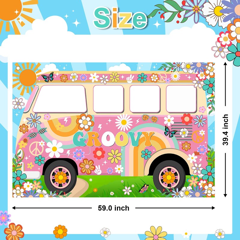 Lecheme Hippie Party Decorations Groovy Bus Banner 60s Daisy Backdrop