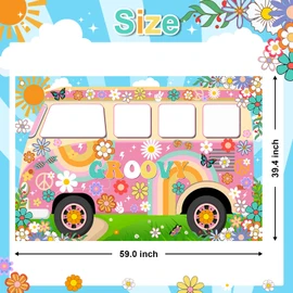 Lecheme Hippie Party Decorations Groovy Bus Banner 60s Daisy Backdrop Face Cutout 60s Photo Props Daisy Photo Background Party Supplies