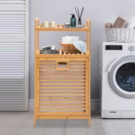 Laundry Hamper with 2-Tier Shelves & Tilt Out Basket Bamboo Freestanding Clothes Basket Tilt-Out Laundry Linen Hamper with Removable Liner for Bathroom Living Room Bedroom (White)