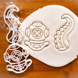 Set of 2 Retro Nautical Themed Cookie Cutters (Designs: Diver's Helmet and Tentacle), 2 Pieces - Bakerlogy