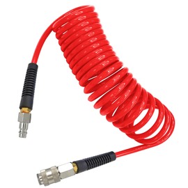 YOTOO Air Compressor Hose Polyurethane Recoil 5m Long 6mm ID x 9.5mm OD air Hose with Bend Restrictor, 1/4" Europe Quick Coupler and Plug, Red
