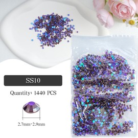 Roellgs Hotfix Rhinestones，1440Pcs Glass Flatback Rhinestones Hot Fix Gems for Clothes DIY Decoration (Purple SS10)