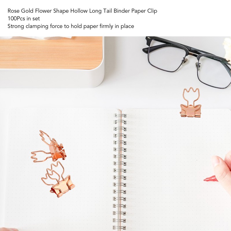 100Pcs Rose Gold Hollowed Long Tail Binder Paper Clips Beautiful