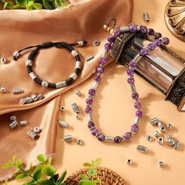 300Pcs Assorted Tibetan Style Alloy Beads Antique Silver Alloy Tube Column Barrel Beads Vintage Rondelle Cuboid Round Metal Beads for DIY Necklace Bracelet Earring Jewelry Making