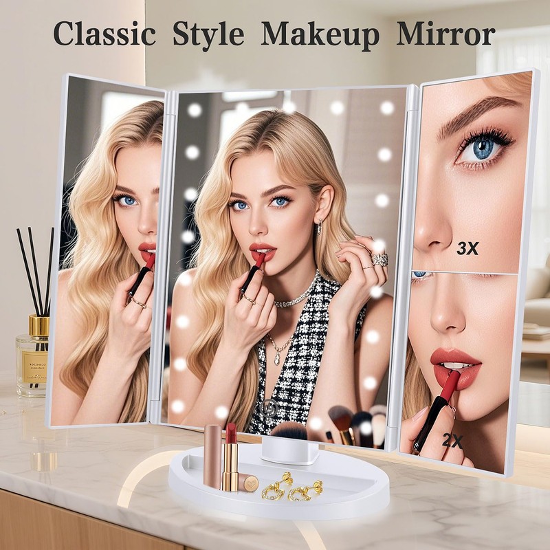 deweisn Floor Mount Tri-Fold Lighted Vanity Mirror with 21 LED
