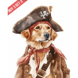 Golden Retriever Dressed as a Pirate Dog Watercolor Painting Print 8x10