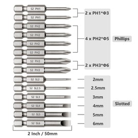 Saipor 14pcs Magnetic Screwdriver Bit Sets Slotted and Phillips Screw Driver Bit Flat Head + Cross Head Bits 1/4 Inch Hex Shank S2 Steel Drill Bits for Impact Driver Power Tool (2 Inch / 50mm Length)