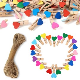 XURJUMI Pack of 50 Mini Colourful Wooden Clothes Pegs, Heart Shape Pegs, Photo Paper Clips with 10 Metre Jute String for DIY Decorations (Colourful Hearts)