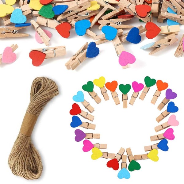 XURJUMI Pack of 50 Mini Colourful Wooden Clothes Pegs, Heart