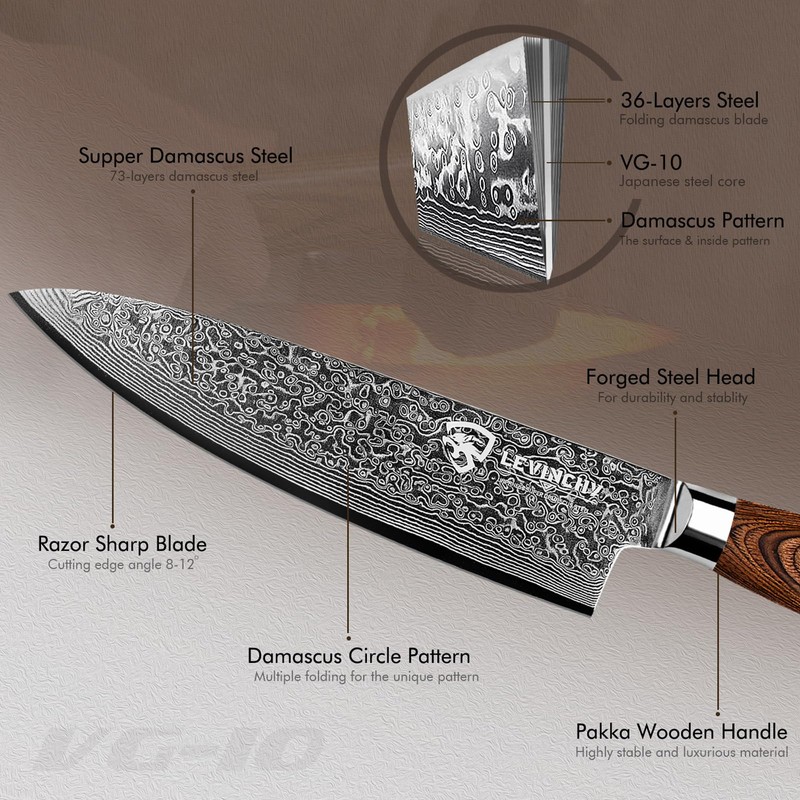LEVINCHY Damascus Kitchen Knife Set 3 Pieces, Chef Knife/Santoku/Steak, Handmade