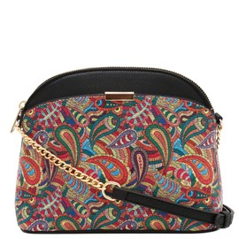FashionPuzzle Paisley Print Small Dome Crossbody with Chain Strap (Black/Red)