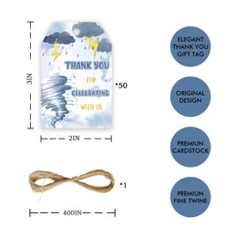 50pcs Tornado Thank You Tags, Tornado Birthday Gift Tag with String for Kids, Two-Nado/Four-Nado Thank You Paper Tags for Birthday/Tornado Weather Themed Party Favors