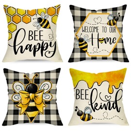 Ussap Summer Bumble Bee Happy Bee Kind Decorative Throw Pillow Covers 16 x 16 Set of 4, Spring Black White Buffalo Plaid Honey Cushion Case Decor, Welcome to Our Home Farmhouse Decoration